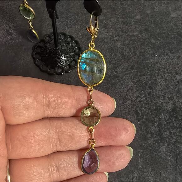 Gold Tone Multicolor Graduated Crystal Drop Earrings - Picture 4 of 7